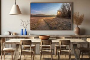 A room visualization featuring my fine art print of Morris Reserve during an winter morning sunrise as the golden light rakes across the prairie trail