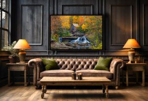 An AI room visualization featuring my fine art print of Glad Creek Grist Mill on an autumn day.