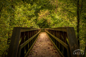 Wooden footbridge over Yellow Springs Creek in Glen Helen Nature Preserve with autumn trees and a beam of sunlight illuminating the far end in Yellow Springs, Ohio.