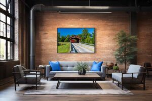 An AI room visualization featuring my fine art print of Kings Mill Covered Bridge, near Marion Ohio