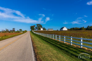McCafferty Grand View Farm near Marathon in Brown County, Ohio, with McCafferty Road, white fence, farmhouse, barn, goldenrod, and cirrus clouds.
