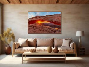 An AI room visualization featuring my fine art print of Mesa Arch in Canyonlands National Park near Moab Utah where I rendered the sun as a bright sunburst of light