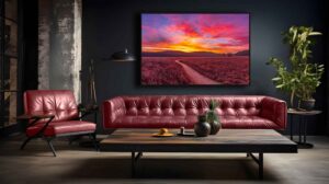 An AI room visualization featuring my fine art print of a vibrant sunrise over Greene County, Ohio where a Morris Reserve trail meanders towards the woodline.