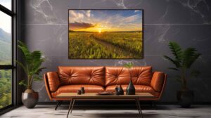 A room visualization featuring my fine art of Morris Reserve at sunset where the light rakes across the prairie as a trail meanders towards the setting sun