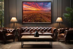 An AI room visualization featuring my fine art print of a Magical Sunrise over Morris Reserve during a morning walk through the Sugarcreek Township, Ohio park.