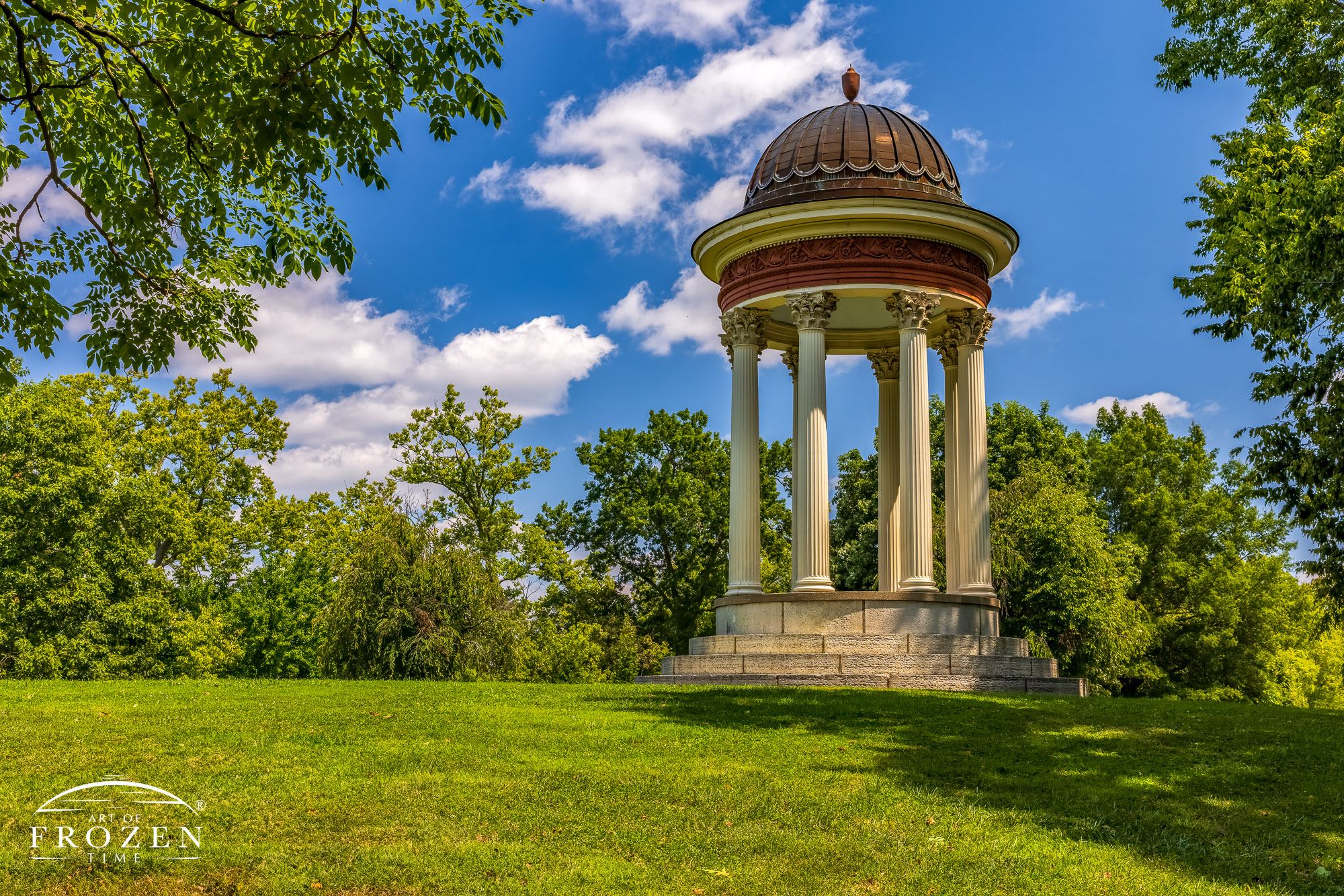 A summer view of Mt. Storm Park’s Temple of Love Gazebo constructed a Corinthian style pergola