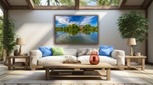 An AI room visualization featuring my fine art print of an old Ohio Barn at Elk Creek MetroPark on a Summery morning.