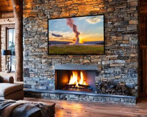 An AI room visualization featuring my fine art print of Old Faithful erupting at sunset where the geyser spray is backlit at sunset in Yellowstone National Park.