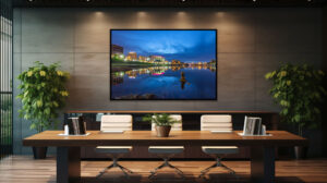 An AI room visualization of my Dayton Office Art featuring a night view from RiverScape MetroPark of the Dayton Skyline