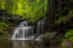 R.B. Ricketts Falls in Ricketts Glen State Park with a broad curtain of water flowing over a rock cliff into a forest pool