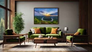 A room visualization featuring my fine art print of New River Gorge National Park during a sunrise visit to Grandview where the New River forms a classic horseshoe bend as it meanders through the Appalachians.