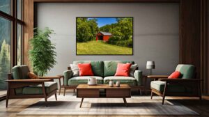 An AI room visualization featuring my fine art print of Stevenson Road Covered Bridge in Greene County, Ohio on a perfect sunny day