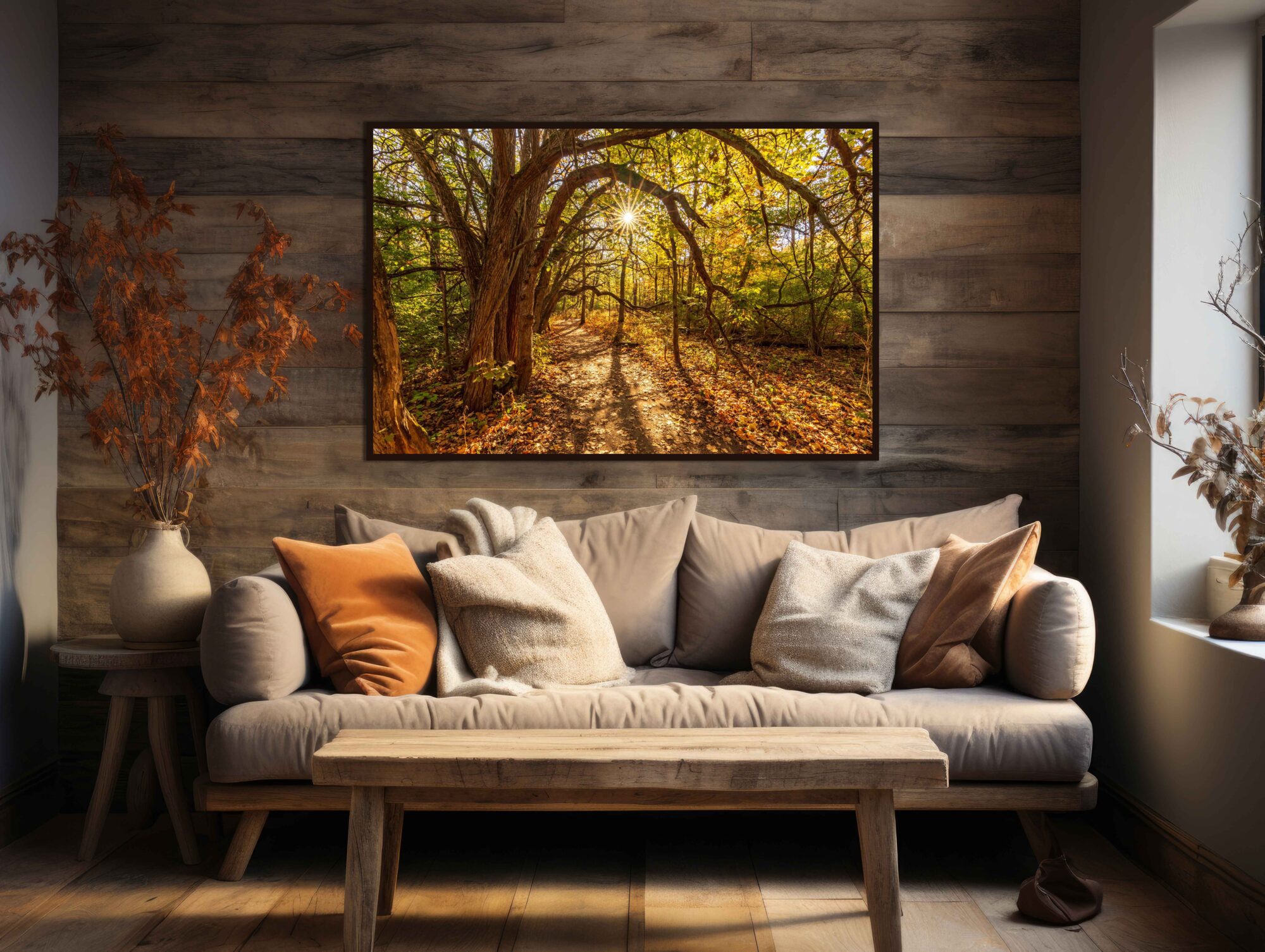 A couch and table in front of a painting.