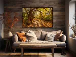 An Ohio Fine Art photography print featuring Sugarcreek MetroPark's Tree Tunnel as demonstrated thru this AI-generated living room