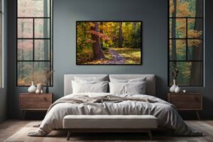 An AI room visualization featuring my fine art print of Sycamore Lawn Garden at Aullwood Gardens MetroPark. The trail wanders through the garden as the sun illuminated the fall-colored leaves.