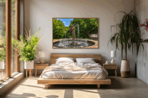 An AI room visualization featuring my fine art print of the fountain in Burnet Woods called the Muse of Clifton on a summer day