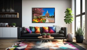 An AI room visualization featuring my fine art print of the University of Dayton's Chapel of the Immaculate Conception on a pretty spring day over Dayton Ohio. This print makes for the perfect UD Graduation Gift.