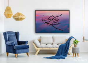 A canvas art print simulation of a peaceful waterscape capturing twilight's rich colors