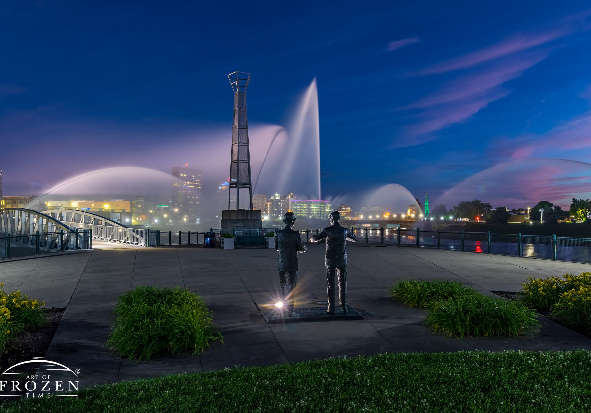 Dayton Fine Art Photography featuring Deeds MetroPark and the Dayton Fountain of Lights as a Wilbur and Orville Wright sculpture depicts the brothers discussing their wing warping technique