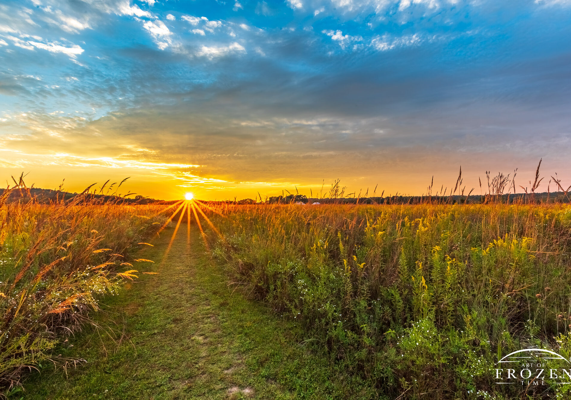 Prairie Footpath leads viewer towards the setting sun at Morris Reserve, Bellbrook, Ohio depicting fine art photography
