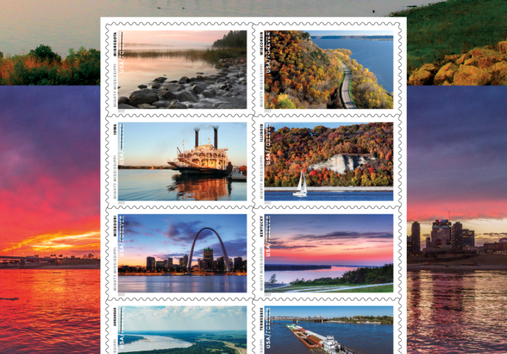 The US Postal Service stamp series Mighty Mississippi showing 10 stamps and three background images