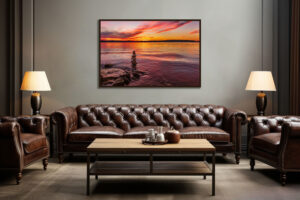 A peaceful waterscape art print depicting a colorful sunset from Caesar Creek State Park. For this demonstration, the art print sets the mood of the room giving it warmth and confidence.