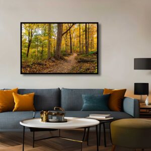 A canvas art print simulation of a peaceful forest footpath capturing autumn's rich colors