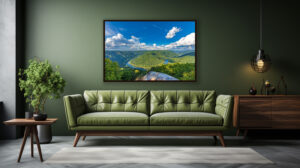 A room demonstration of an art print of New River Gorge National Park featuring its classic horseshoe bend through the Appalachian Mountains